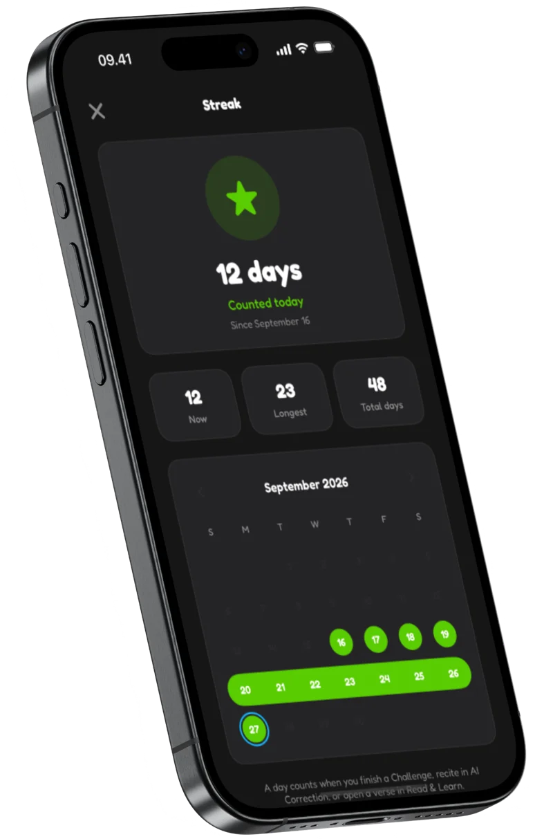 The Nuramma Streak screen showing a 12-day learning streak and a monthly calendar
